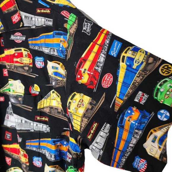 Max Boxxer Mens L Black Train Print Short Sleeves Cotton Button Up Shirt Pocket - Picture 4 of 8